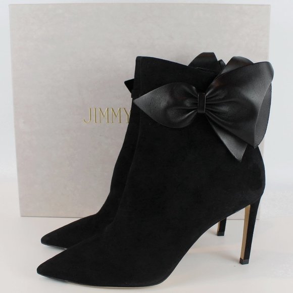 NEW JIMMY CHOO Suede Pointy Toe Boot w Leather Bow